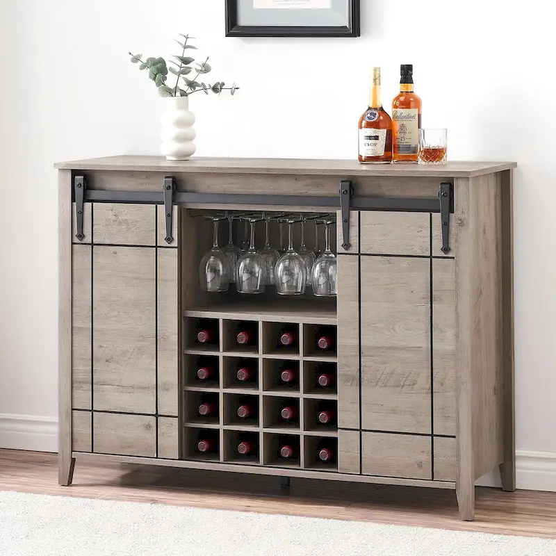 White Farmhouse Bar Cabinet with Sliding Barn Doors