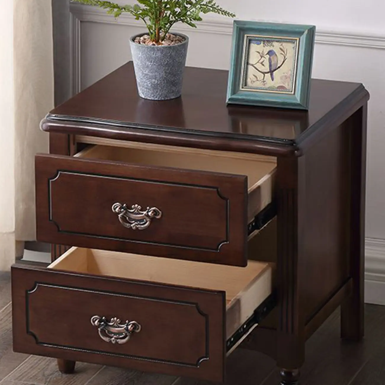 Classic Wood White Carved 2-Drawer Nightstand