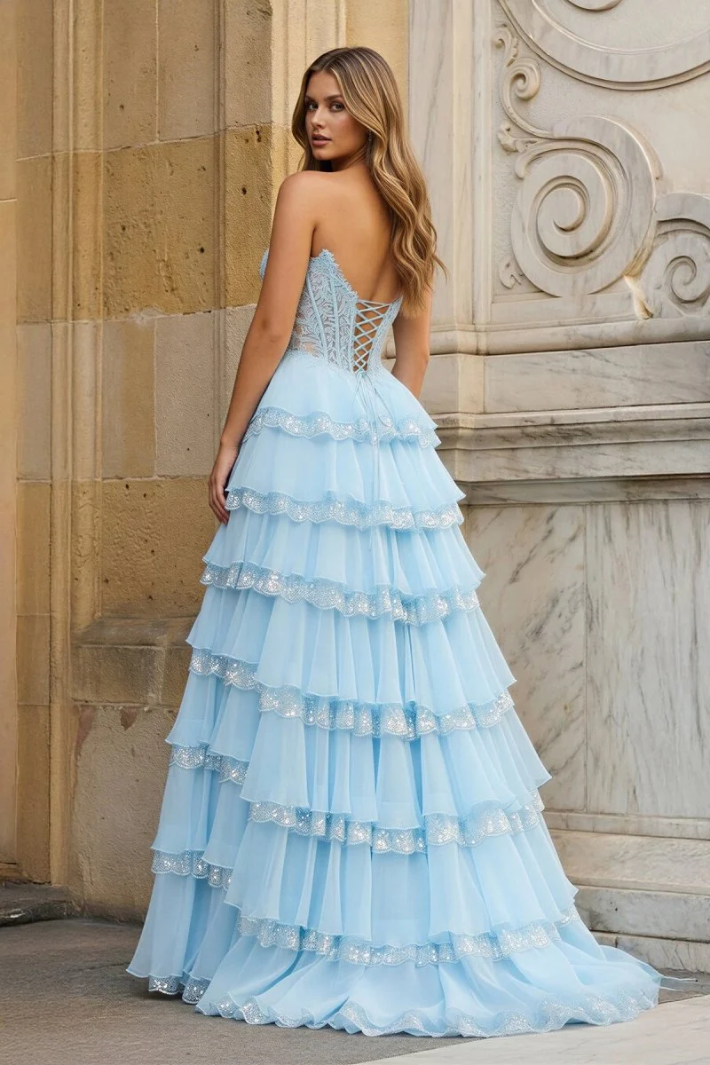 Sky Blue Sweetheart A Line Sequined Lace Ruffled Long Prom Dresses With Appliques