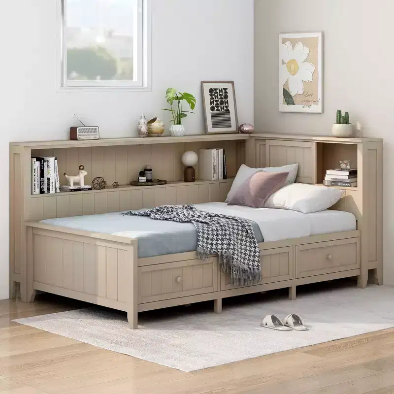 GDFStudio Simmons Wood Daybed with Storage Shelves and 3 Drawers