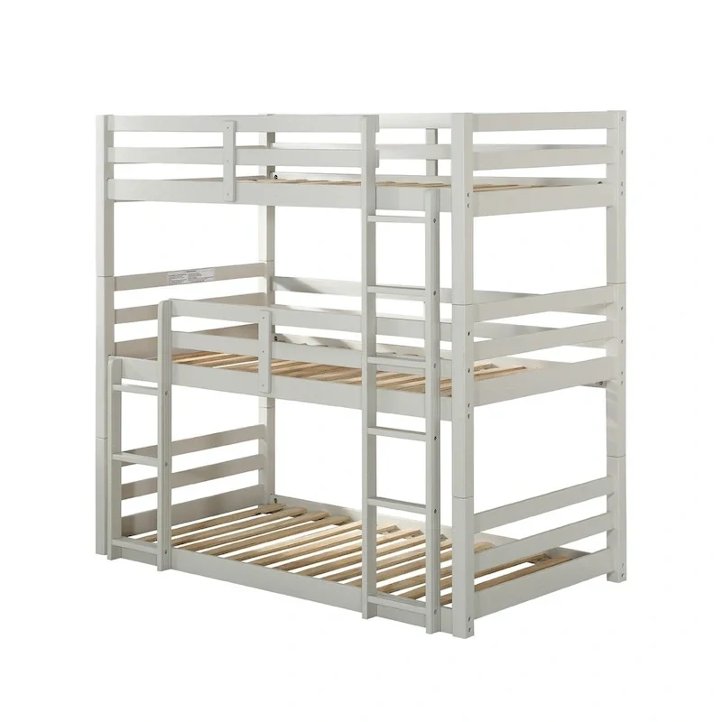 Wooden Twin Size Triple Bunk Bed in Light Gray Finish