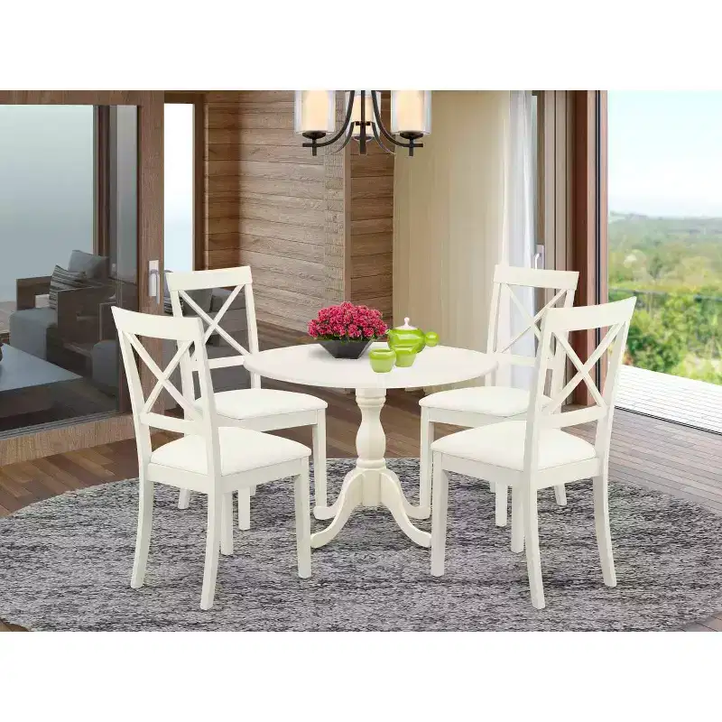 HomeStock 5-Piece Linen White Finish Solid Wood Top Dining table with 4-Chairs with Drop Leaf Lattice Back