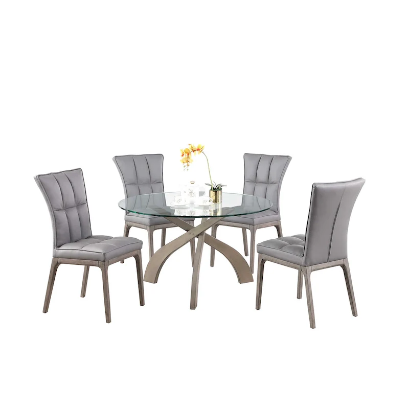 Grey 5-Piece Round Glass Top Dining Set with Tufted Chairs