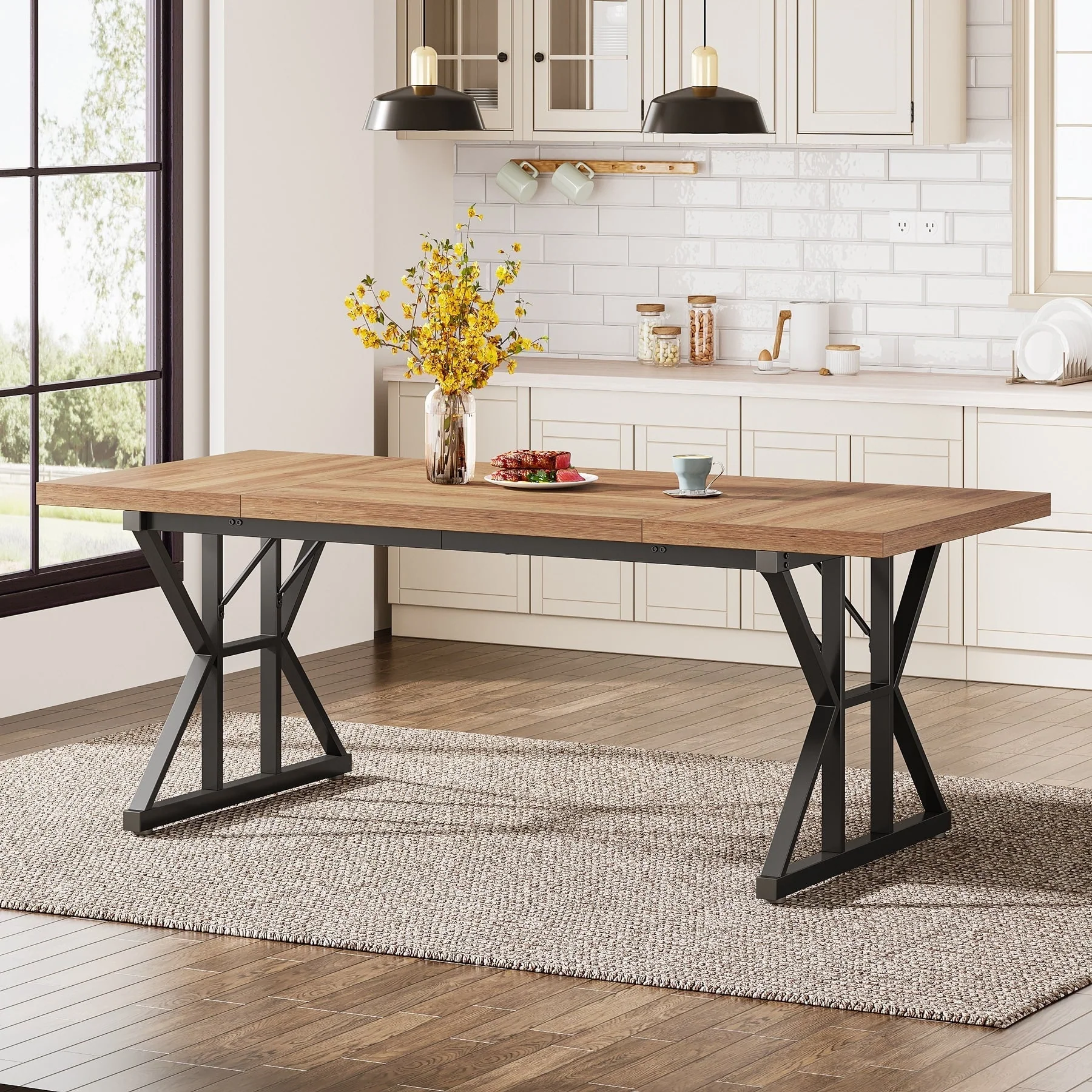 Farmhouse Dining Table for 6 People, 70.8-Inch Rectangular Wood Kitchen Table