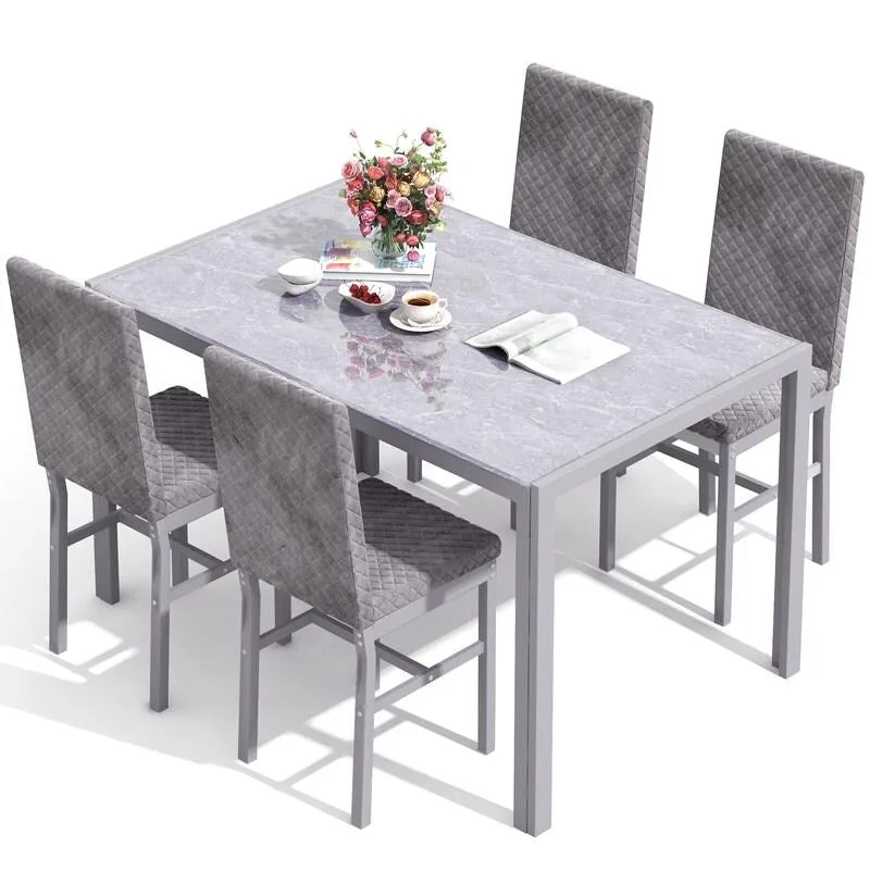 Modern Dining Room Table with Tempered Glass Tabletop and Diamond Stitching PU Leather Chairs