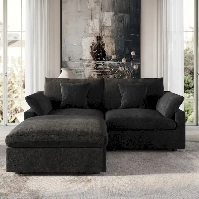 Black Commix Down Filled Overstuffed Sectional Sofa with Ottoman