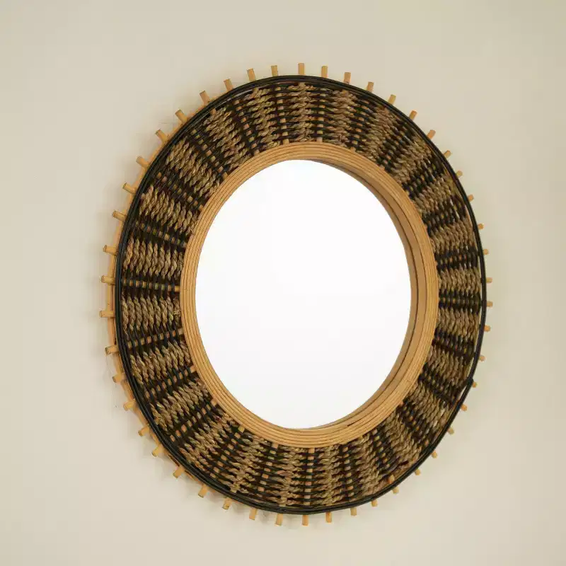 23 Vintage Round Bamboo Decorative Wall Mirror with Woven Rope Decor, Small Circle Mirror for Entryway or Living Room - Panipeachy