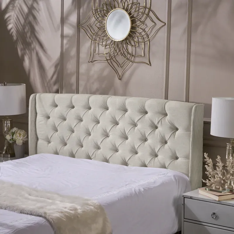 Beige / Eggshell / Dark Grey Button-Tufted Wingback Queen Headboard, 1-Person