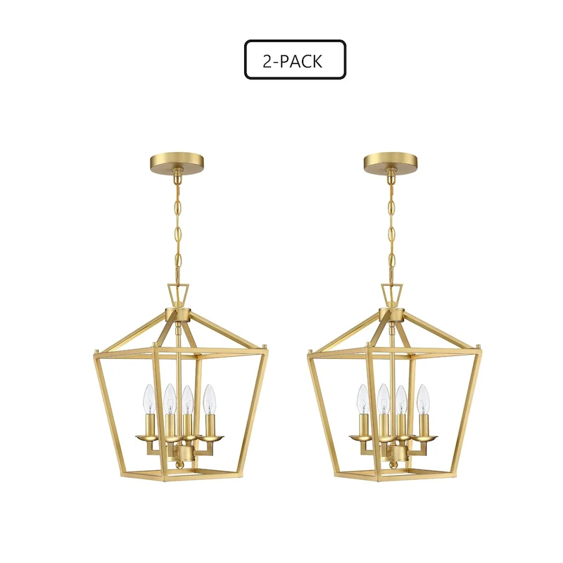 2-PK 12 in.4-light Geometric Lantern Chandelier with Matte Black finish/Soft gold finish