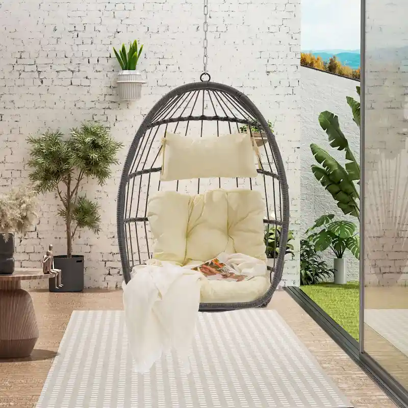 Outdoor Grey Wicker Foldable Swing Hammock Hanging Egg Basket Chair