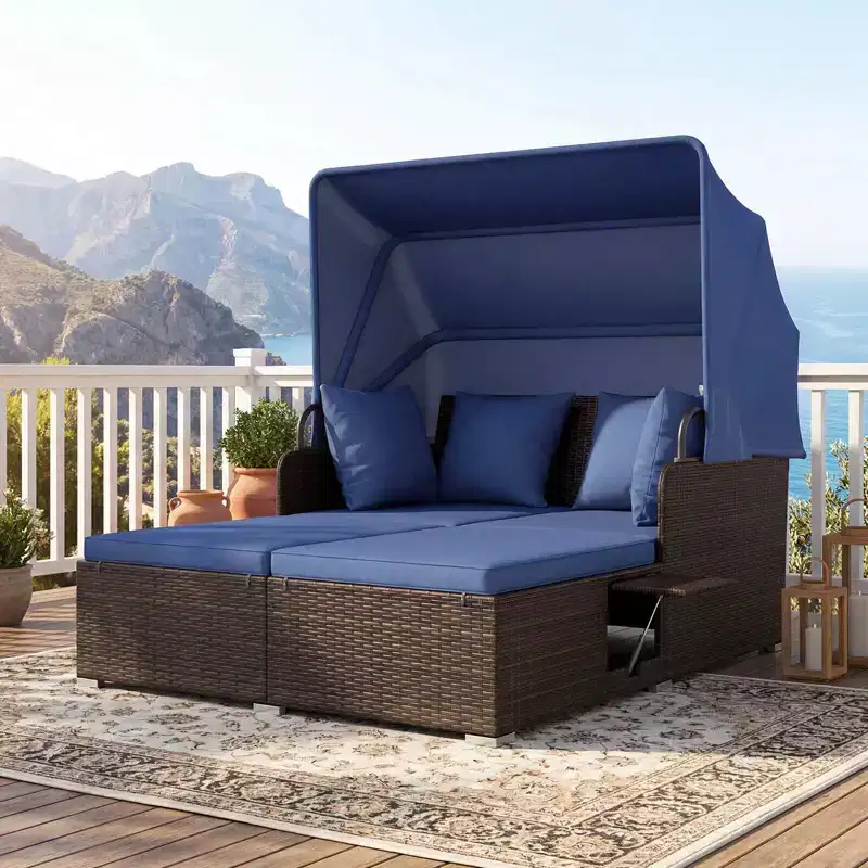 Costway Patio Rattan Daybed Lounge Retractable Top Canopy Side Tables Cushions Off White/Red/Turquoise/Beige