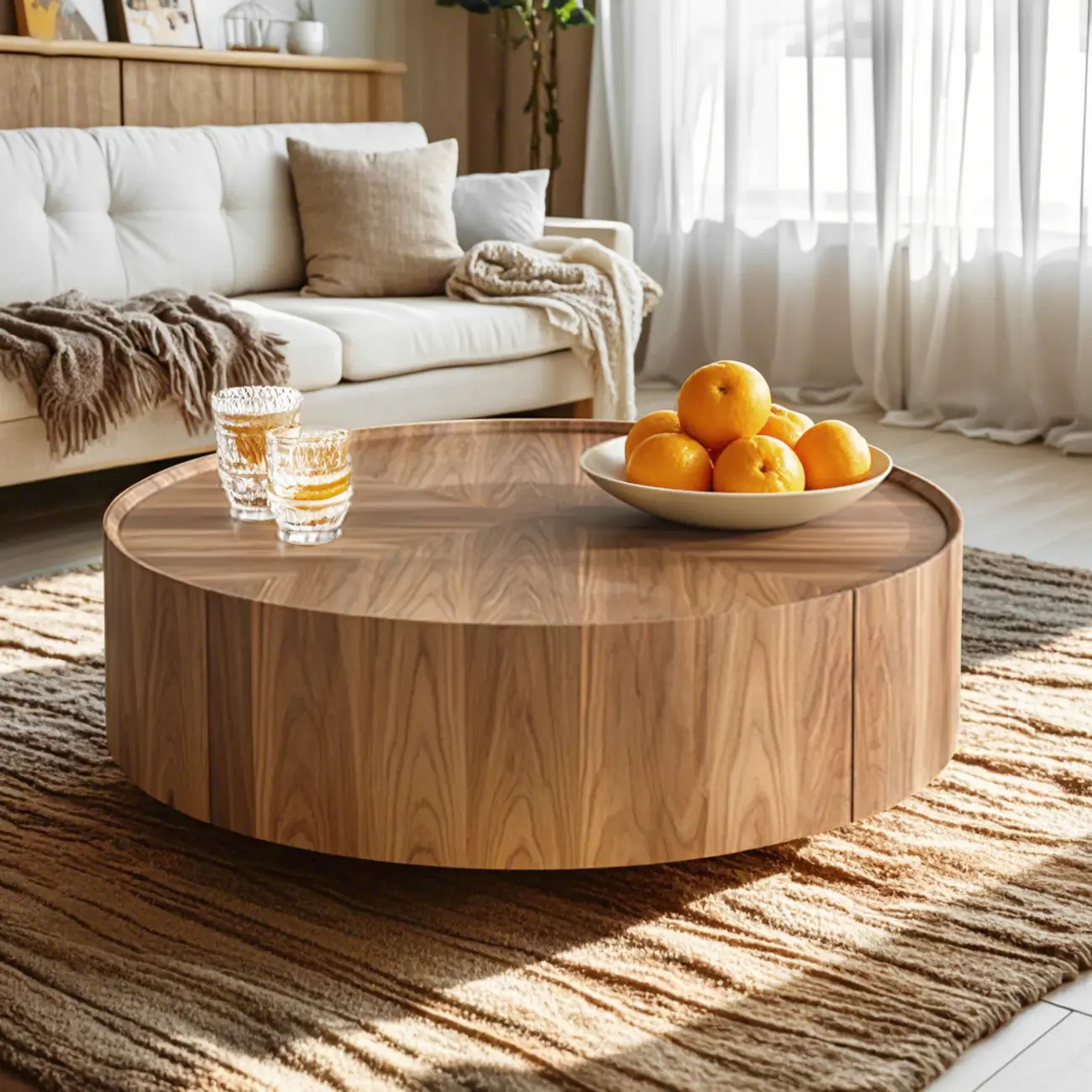 Brown Round Wood Tray Top 2 Drawers Coffee Table