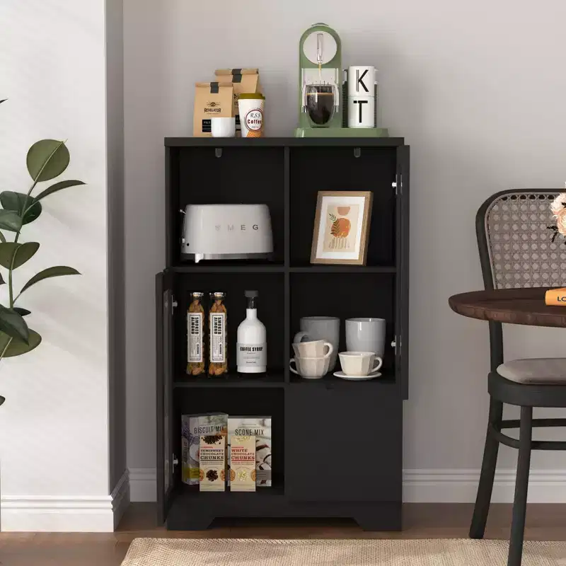MAYEERTY Cabinet MDF Painted with Glass Doors Drawer Open Storage Black for Bedroom Living Room