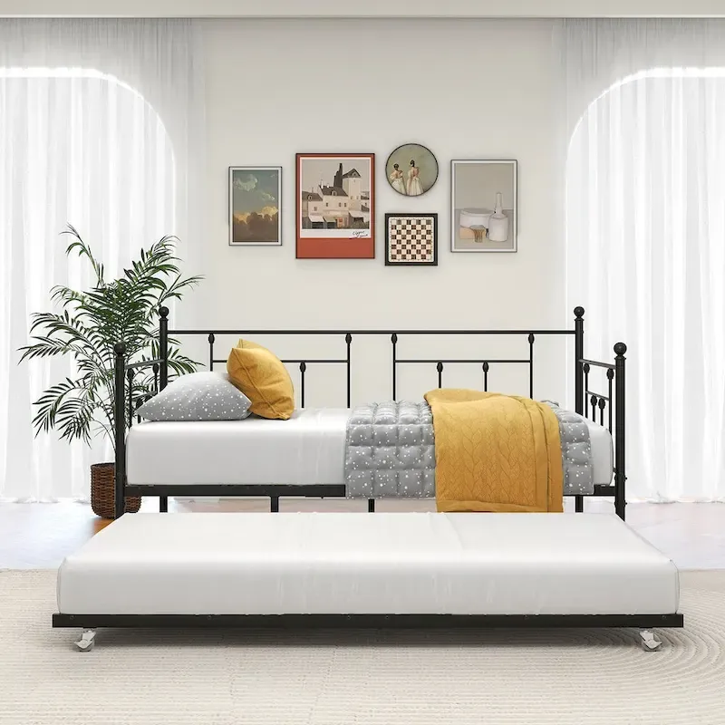 Black Metal Daybed Frame with Trundle, Twin, 2-Person
