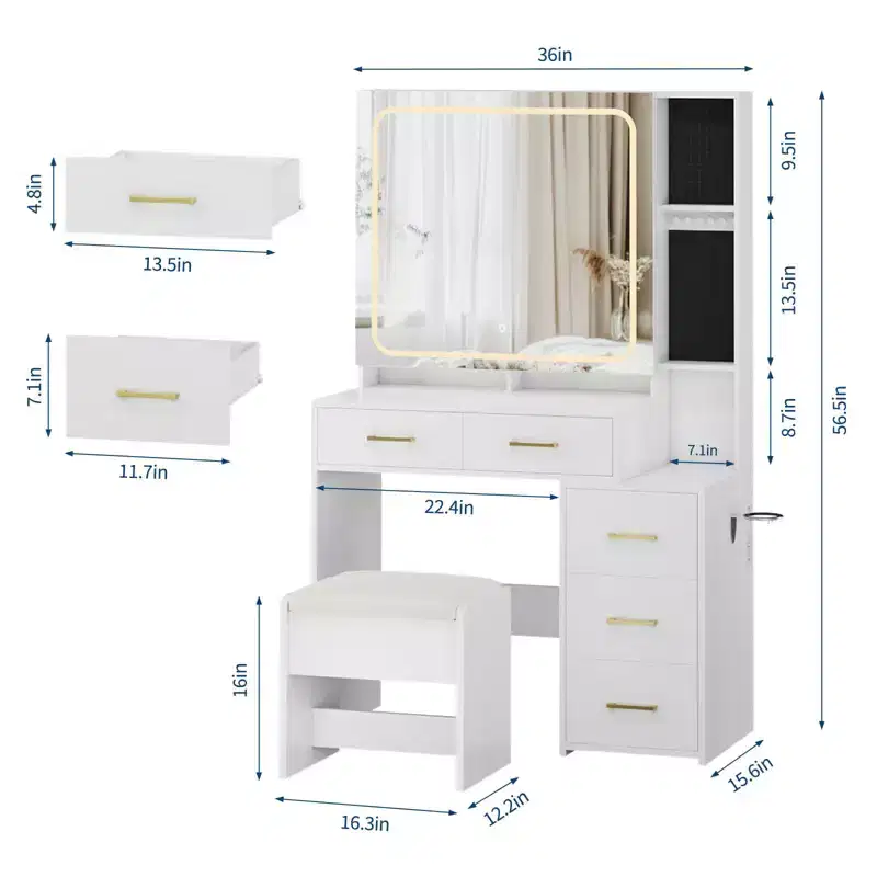 GustoWave Vanity Desk with Mirror and Lights, Makeup Vanity Set with 5 Drawers, Stool, Power Outlet, 3 Color Lighting Modes Vanity, Makeup Table