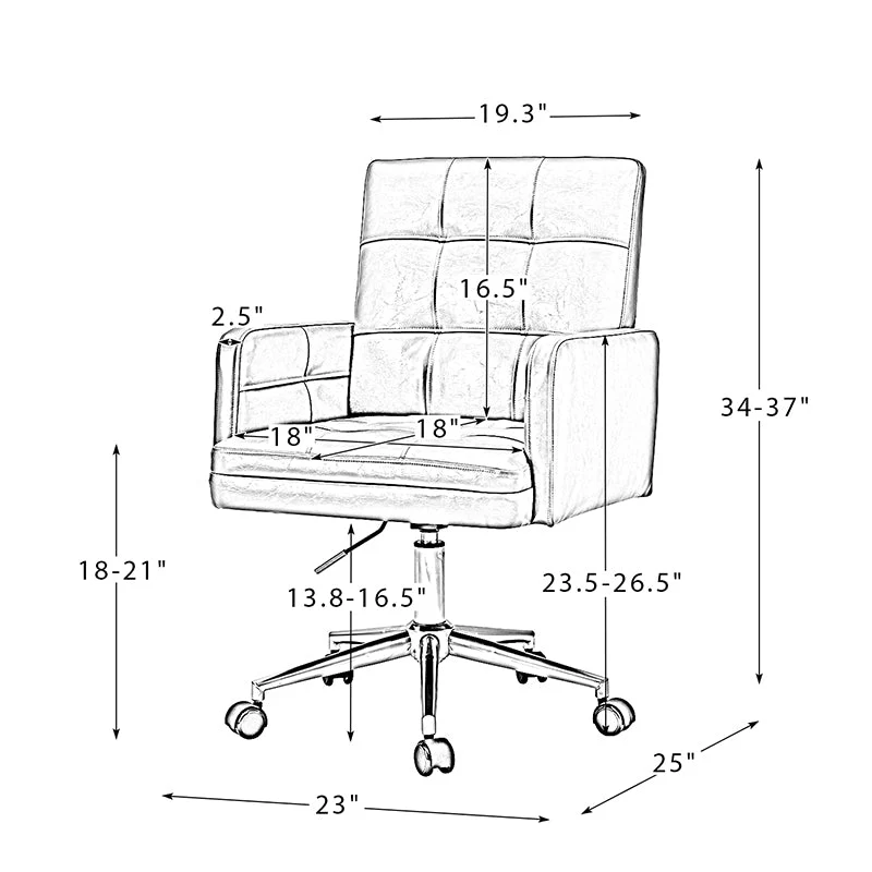 PU Leather Button-Tufted Swivel Task Chair with Square Arms, Adjustable Height & Silver Metal Base | Camel / Brown / Black / Navy / Beige | Single Seat