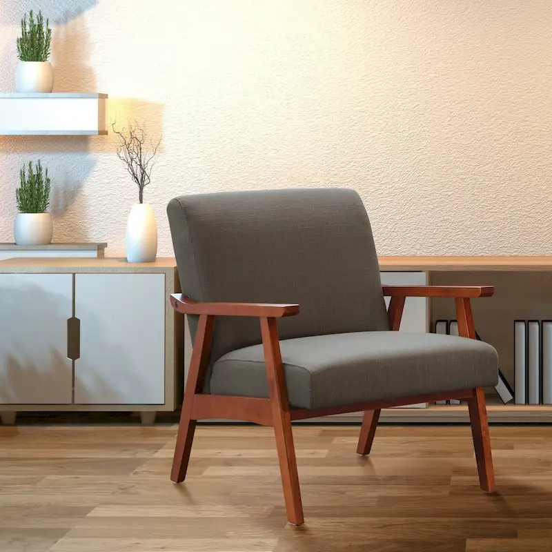 Mid-Century Modern Arm Chair with Angled Legs & Wooden Armrests – Otter / Azure / Sea / Charcoal / Linen – 1-Seater