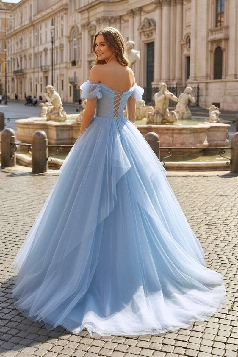 Blue Tulle Floor Length Prom Dress, Off the Shoulder Evening Dress with 3D Flowers