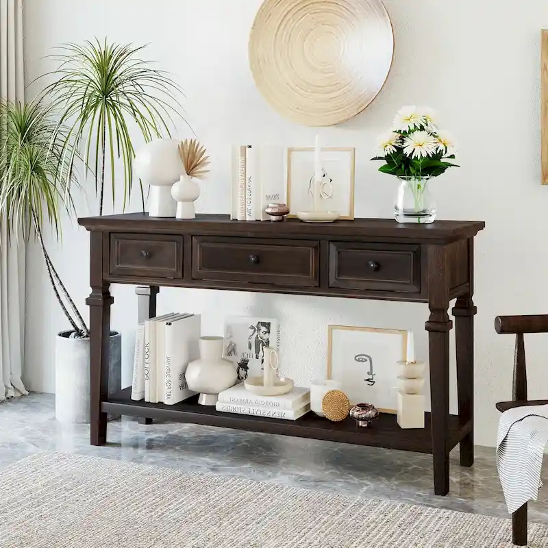 Vintage Solid Wood Console Table with 3 Drawers and Bottom Shelf, 50-Inch