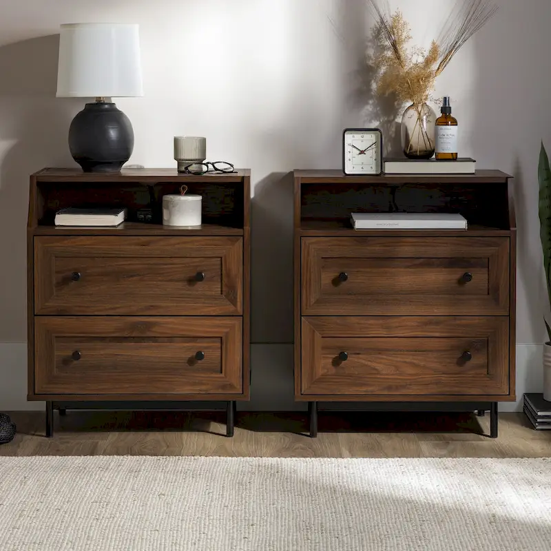 Set of 2 Modern Nightstands with 2 Drawers & USB Ports, 22