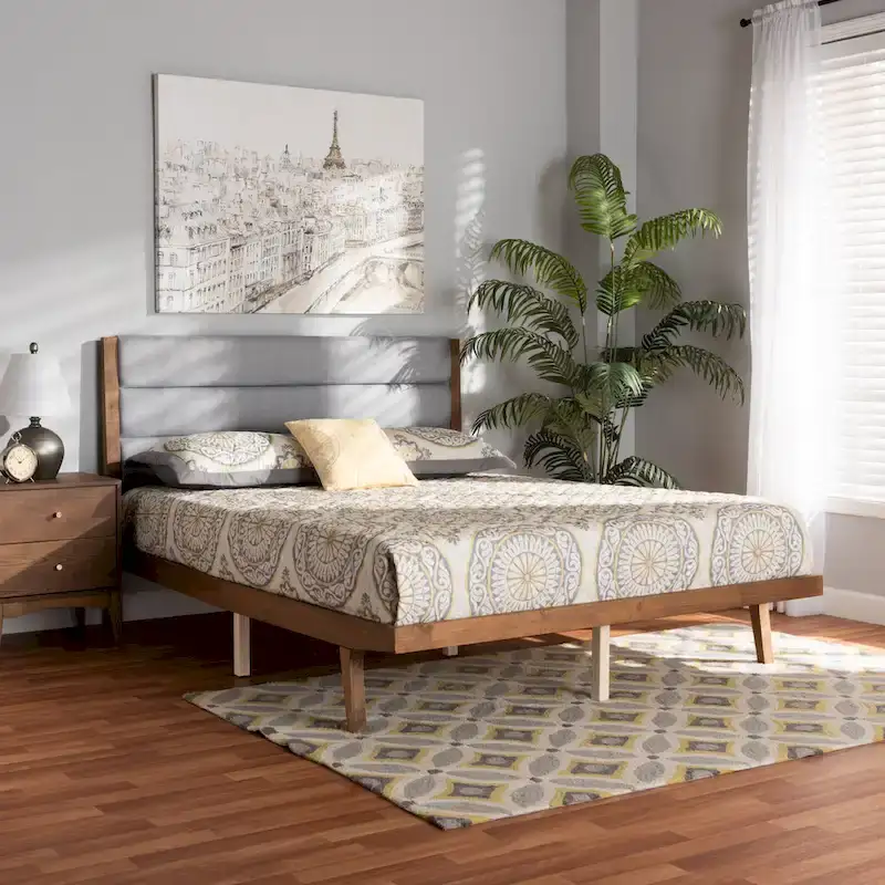 Transitional Fabric Upholstered Wood Platform Bed - Light Grey, No Box Spring