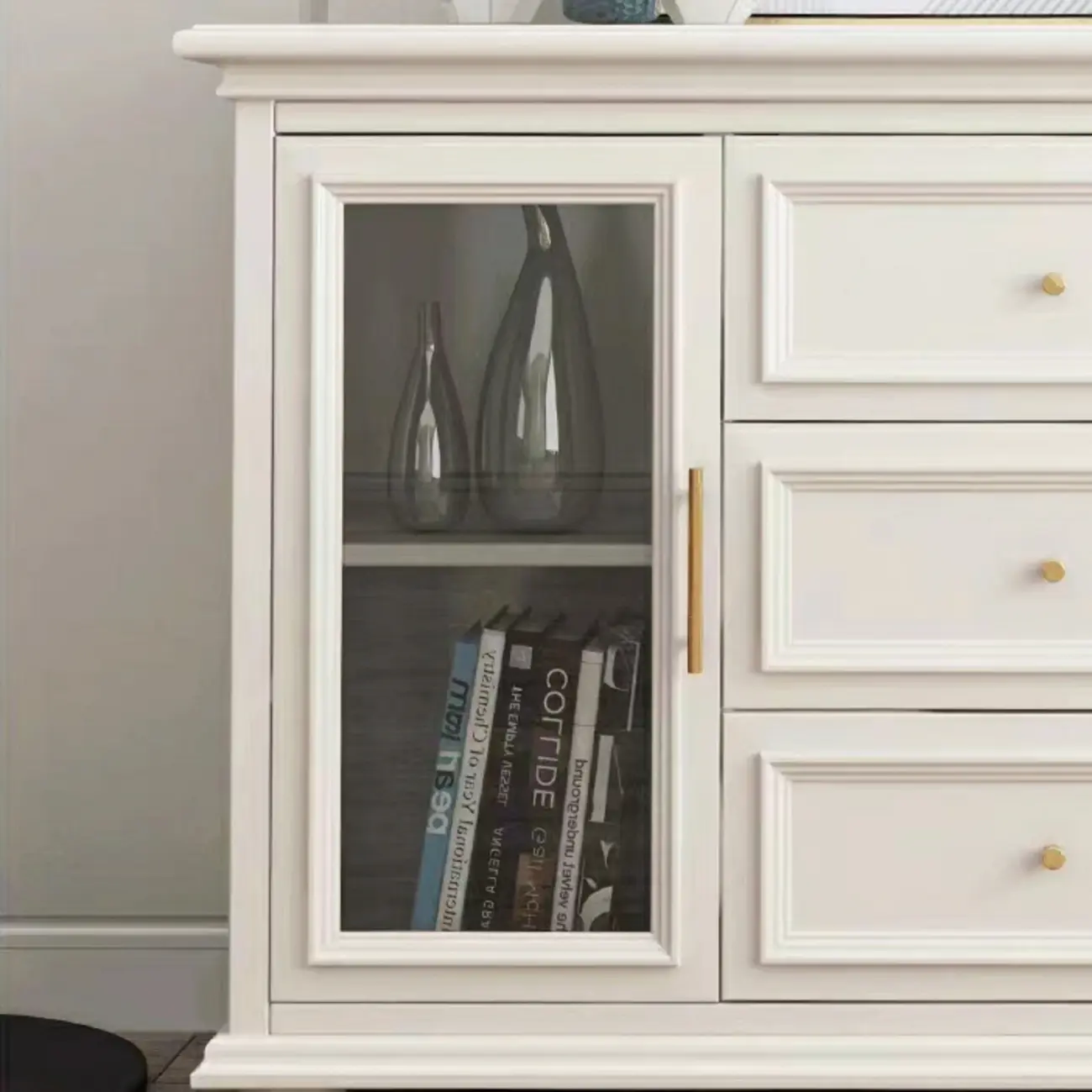 White Wooden Sideboard with 3 Drawers and Cabinets
