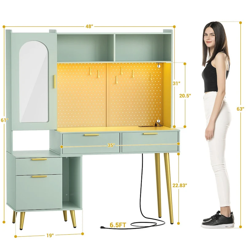Makeup Vanity with Pegboard and Hutch, Bedroom Vanity Table with Charge Station and LED Light - N/A