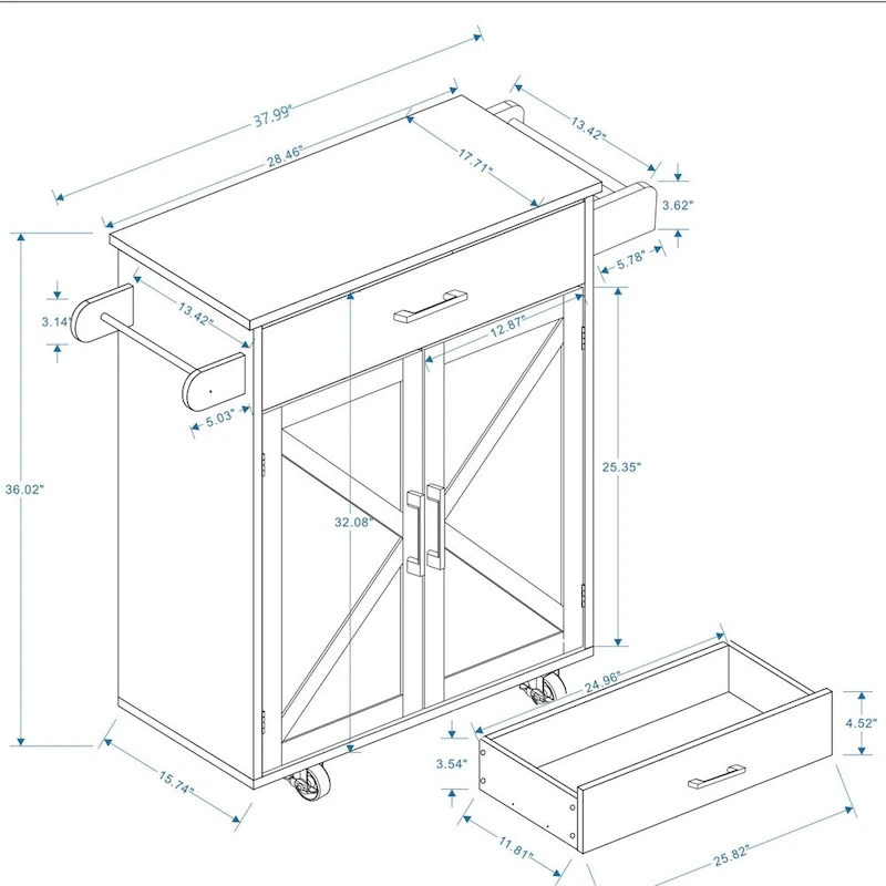 Kitchen Island Rolling Trolley Cart w/Adjustable Shelves,Wood Tabletop