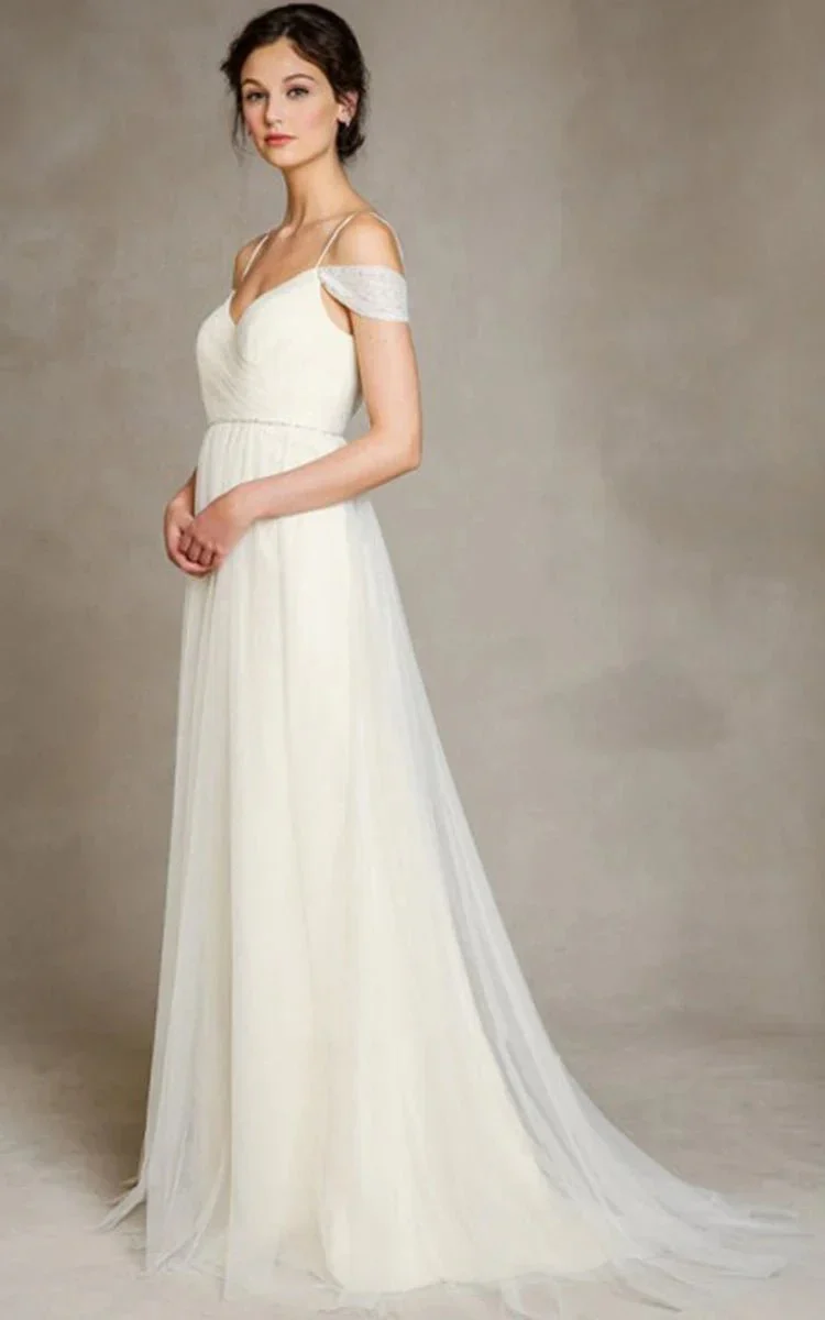 A-Line Spaghetti Straps Off-the-Shoulder Tulle Long Wedding Dress