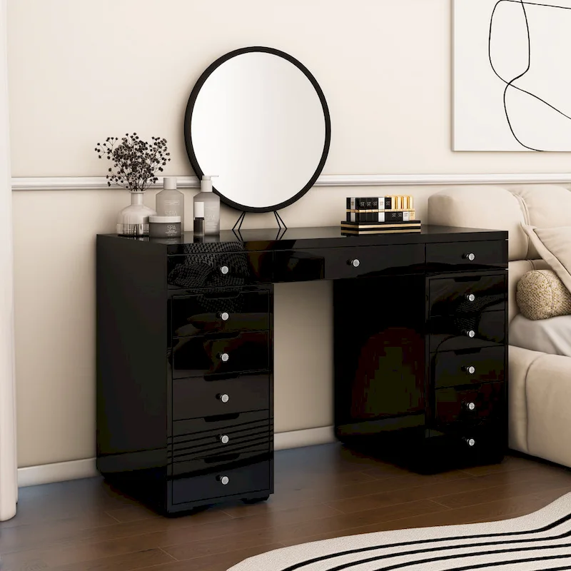 White/Black Glass Top 13-Drawer Vanity Desk – 1 Person