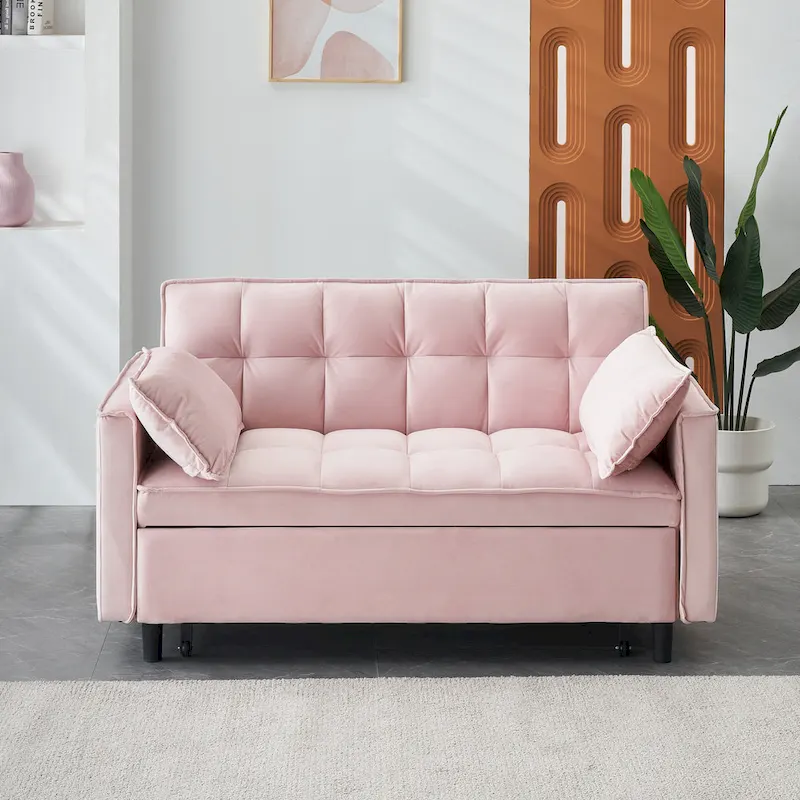 Pink Modern 55  3 in 1 Velvet Loveseat Convertible Sofa Bed with Backrest and Pillows for Living Room