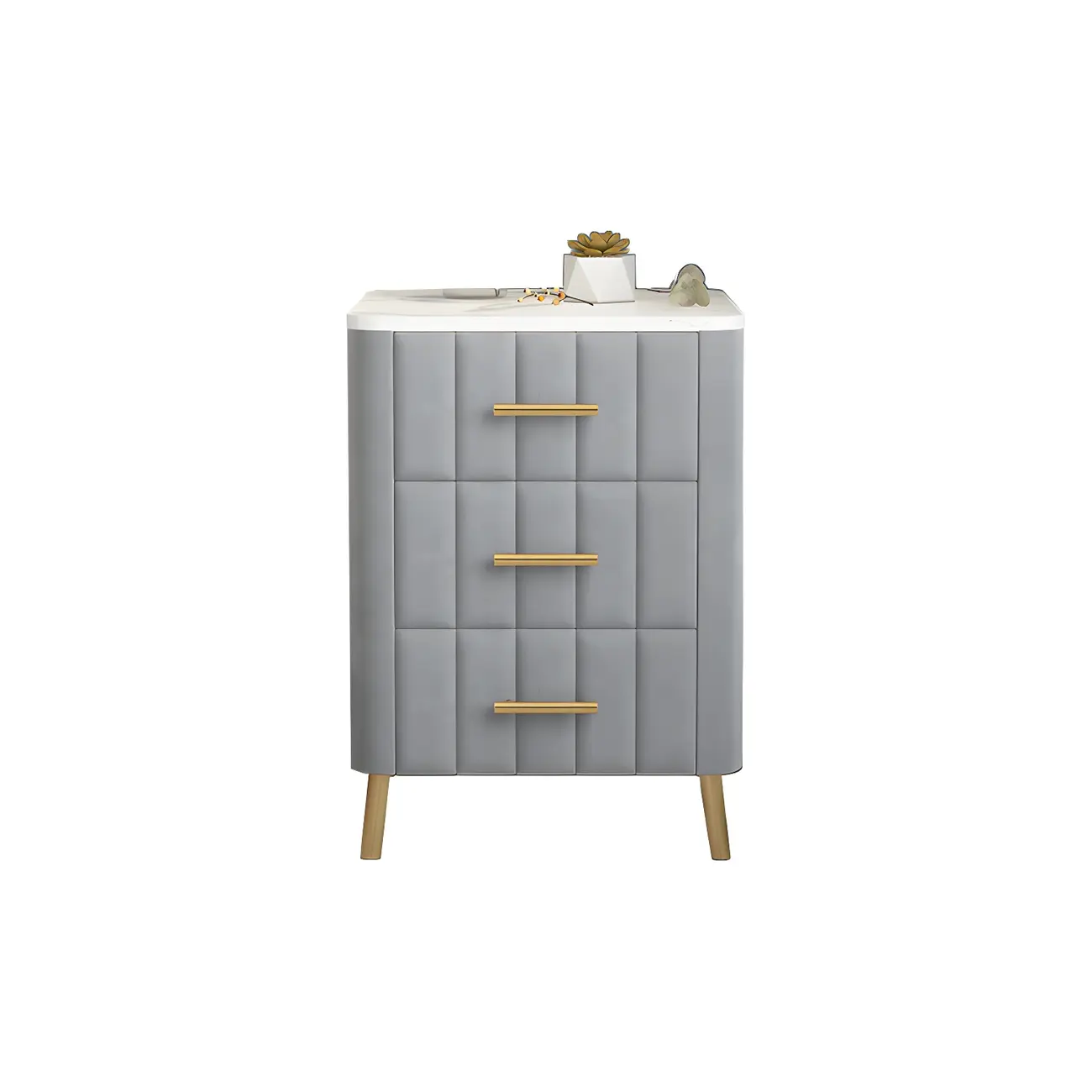 Glam Pink Leather Bedside Table with Marble Top 3 Drawers