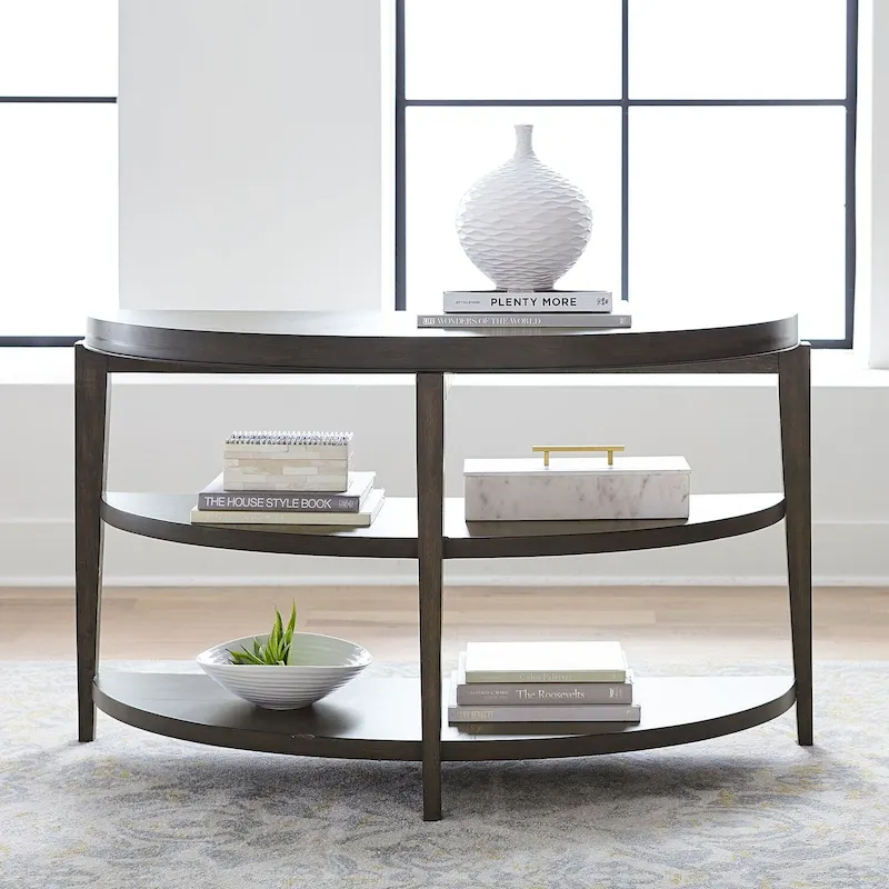 Demilune Sofa Table, Sunburst Top, 2 Open Shelves, 50