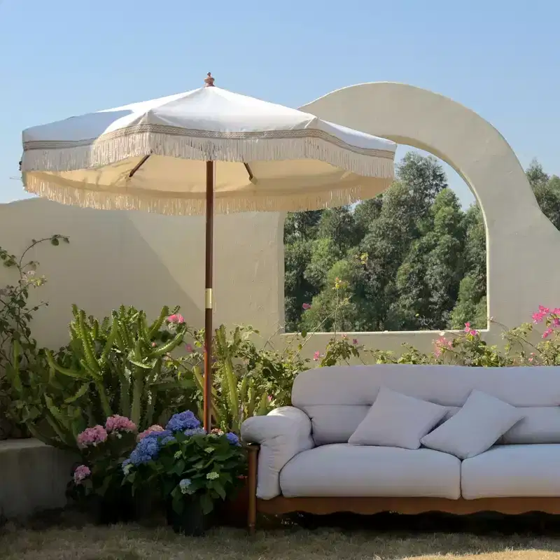 LAGarden 7 Ft Fringe Umbrella Replacement Canopy Top Cover Boho Outdoor Garden,Beige with Tassels,BH7W-01PC