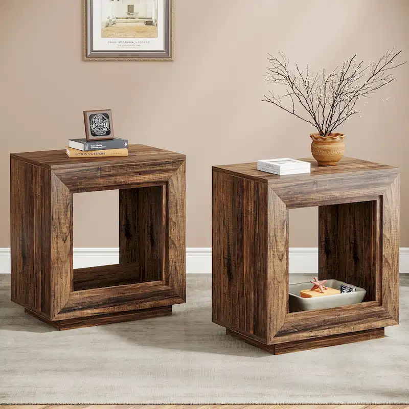 Wood End Table with Storage, Walnut Nightstands for Living Room, Bedroom