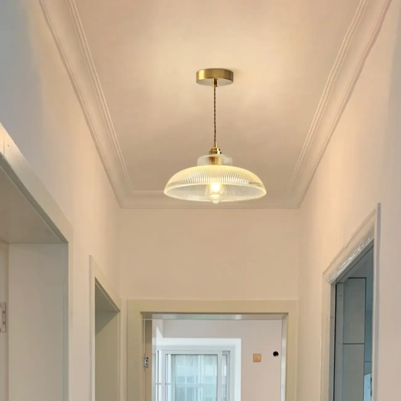 Green Fluted Glass Brass Dome Pendant Light