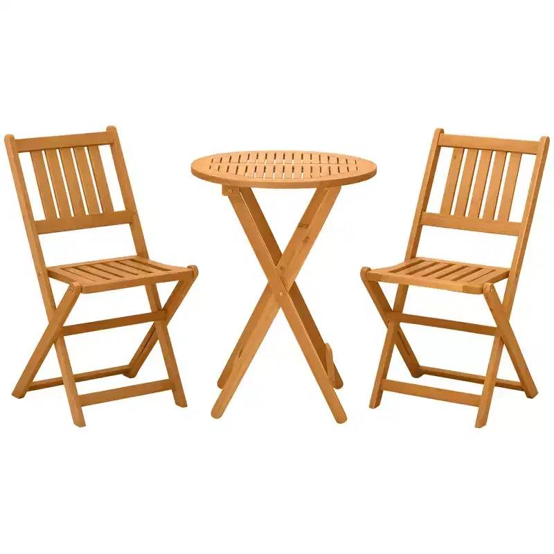 3-Piece Acacia Wood Bistro Set, Folding Patio Furniture with 2 Folding Chairs and Round Coffee Table, Slatted Finish, for Backyard, Balcony