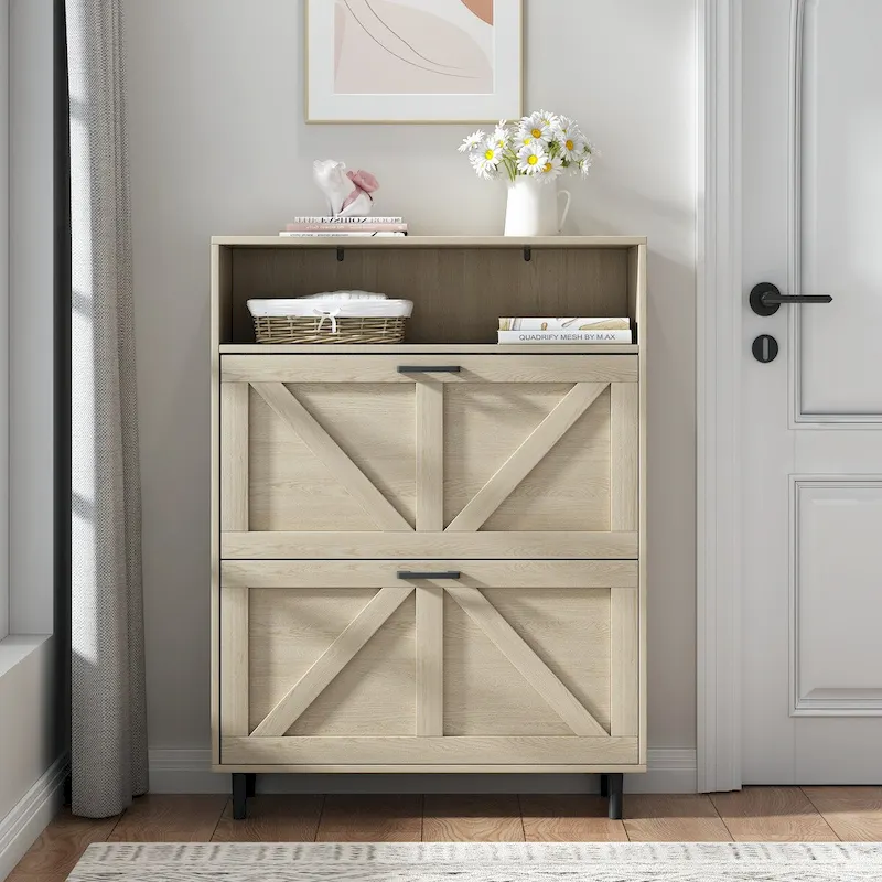Shoe Storage Cabinet with Barn Door Design,Shoe Organizer with 2 Flip Drawers,Freestanding Narrow Shoe Rack Cabinet