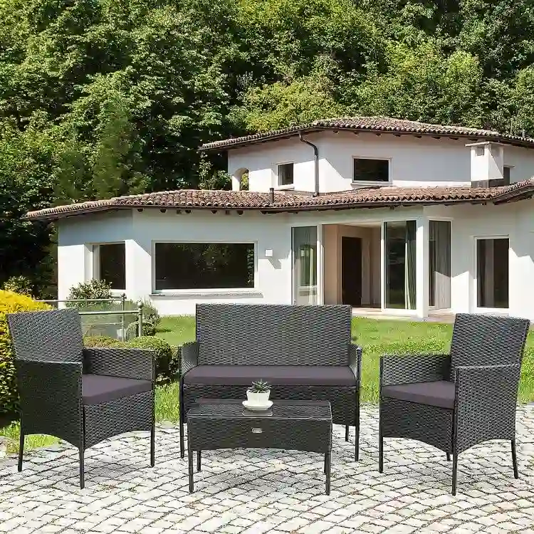 4 Pieces Patio Rattan Cushioned Sofa Set with Tempered Glass Coffee Table - 24 x 23.5 x 33 (L x W x H)