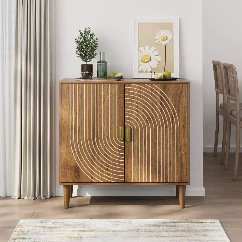 Shoe Cabinet with 2 Flip Drawers, 23.6 Walnut Hidden Shoe Storage Cabinet with Fluted Design, Freestanding Shoe Organizer Cabinet