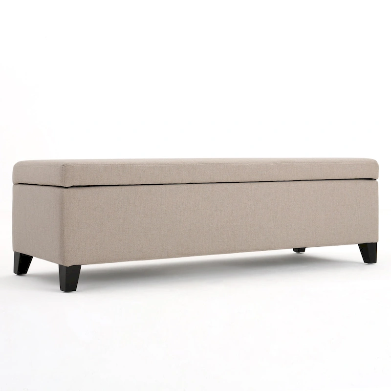Storage Bench Ottoman, Ivory, 51 Inch Cushioned Seat, Birch Wood Legs