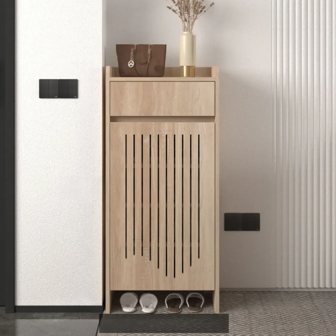 Modern Slim Wood Beige Entryway Shoe Cabinet