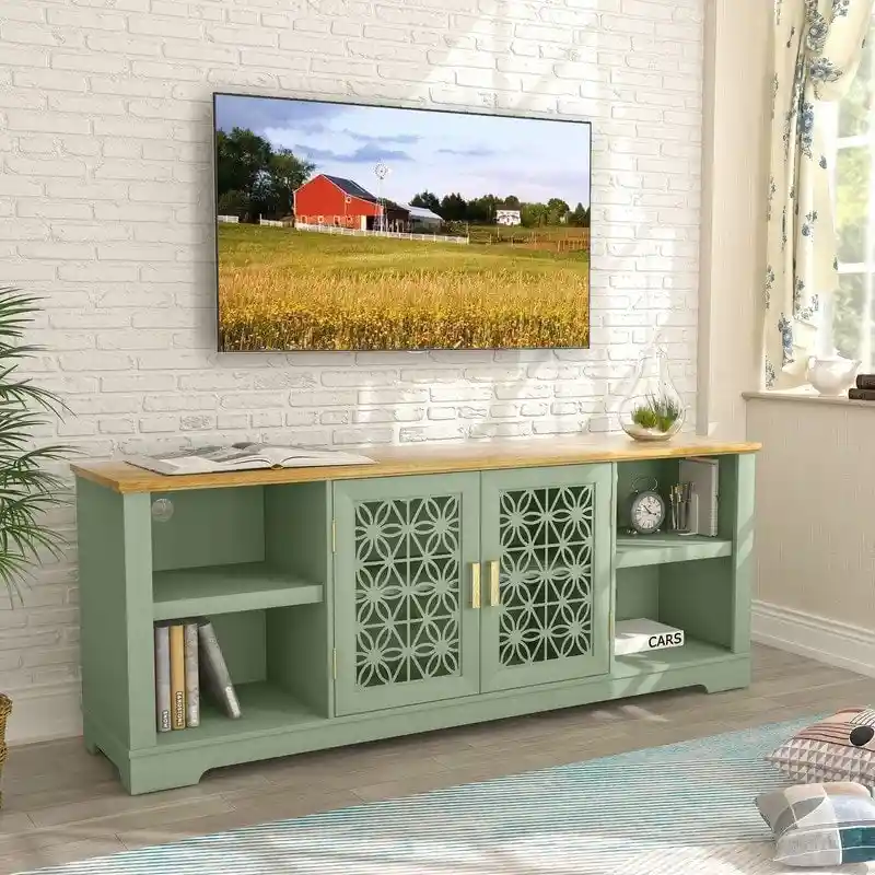 TV Stand with Floral Swing Doors, Adjustable Shelf, Fits up to 82 in TV, Green / Grey, 1-Person Use