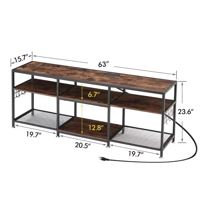 VECELO TV Stand with Power Outlets, Industrial Entertainment Center with 3-Tier Open Storage Shelves, 63 Inch
