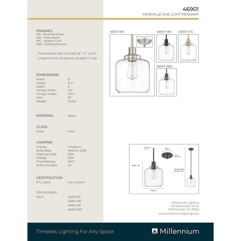 Millennium Lighting Asheville 1 Light Mini-Pendant Fixture with Clear Glass Shades