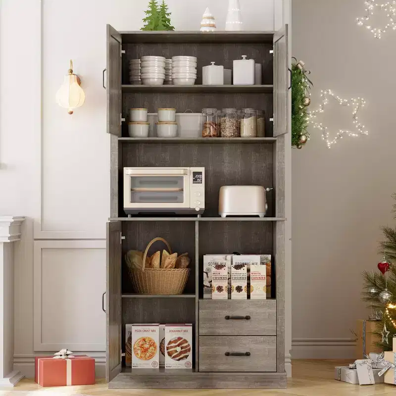 Pantry Cabinet with 2 Drawers and Open Shelves, Tall Freestanding Kitchen Pantry Cabinet with Microwave Shelf, Kitchen Hutch