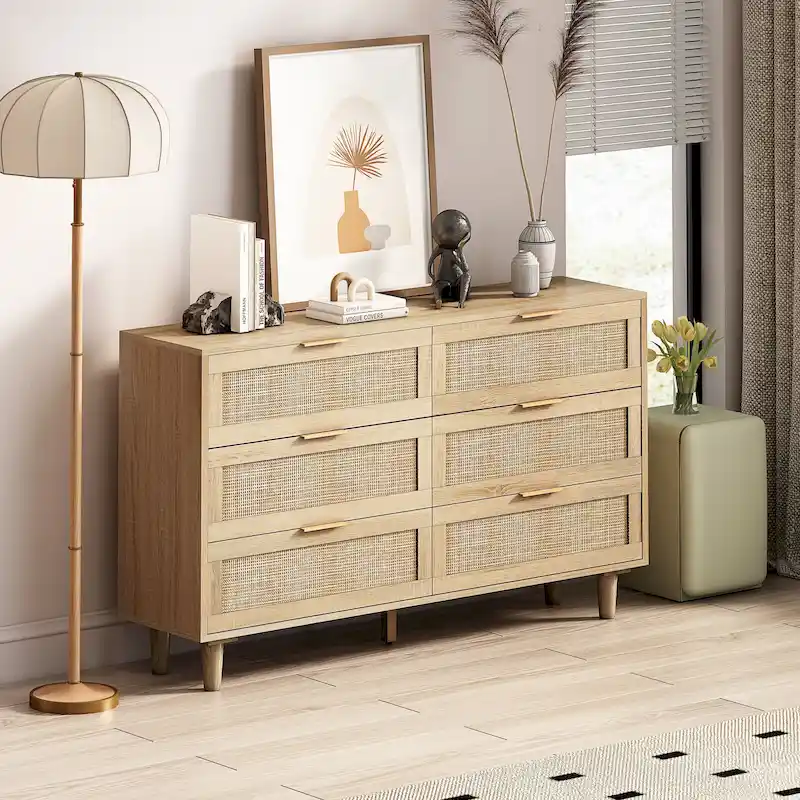 Natural/Black Rattan 6-Drawer Dresser Storage Cabinet