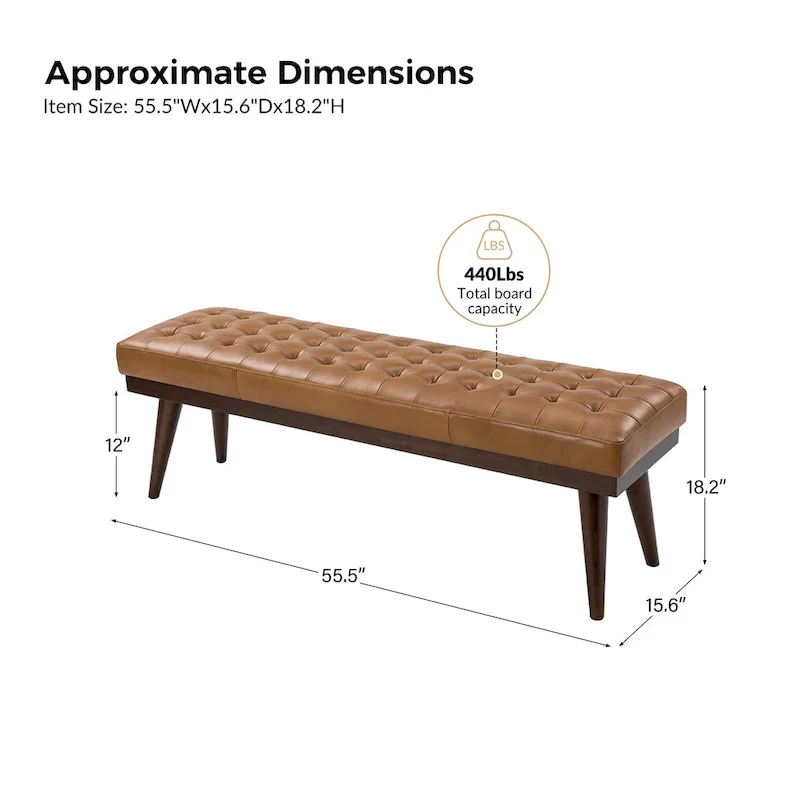Genuine Leather Tufted Bench with Solid Wood Base