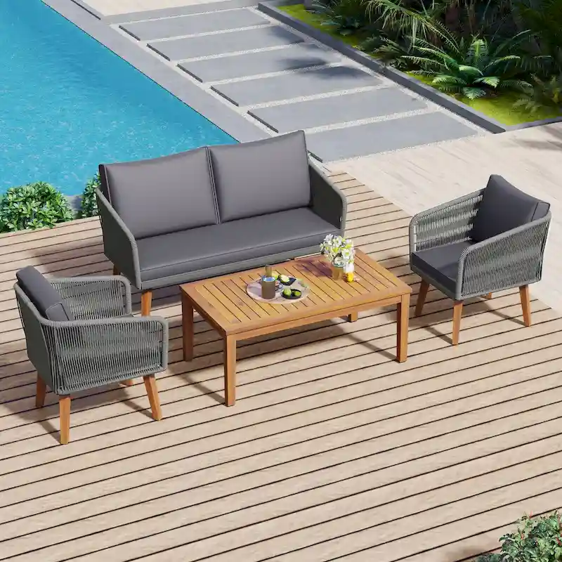 Mid-Century Modern 4-Piece Patio Set: Acacia Wood Loveseat, Chairs & Table