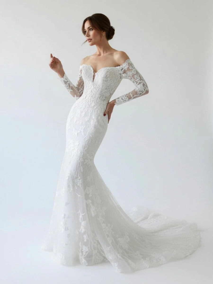 Elegant Mermaid Long Sleeve Off the Shoulder Lace Wedding Dress